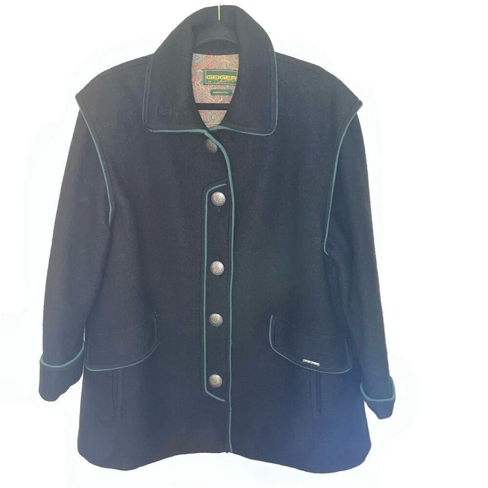 Geiger Women's Blue Boiled Wool Jacket Size 36 Shawl Collar Mid-Length